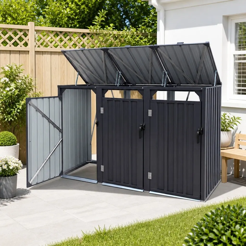 Triple Bin Shed Galvanised Steel Lockable Doors Weather-Repellent Grey Outdoor Storage