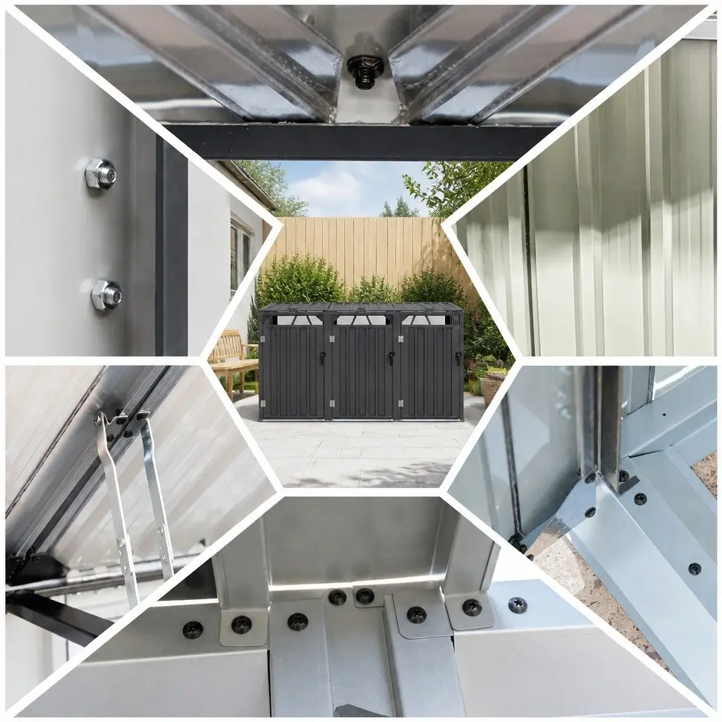 Triple Bin Shed Galvanised Steel Lockable Doors Weather-Repellent Grey Outdoor Storage