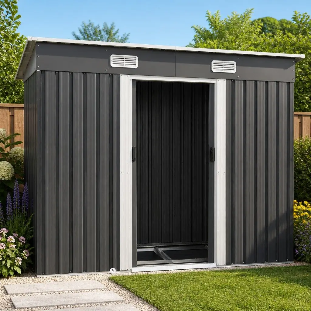 Garden Shed Galvanized Steel Outdoor Storage 238x131x182cm Grey