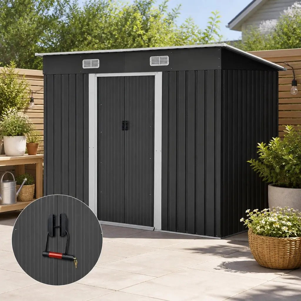 Garden Shed Metal Storage 2.38x1.31M Grey Durable Outdoor Tool Workshop with Sliding Doors and Air Vents