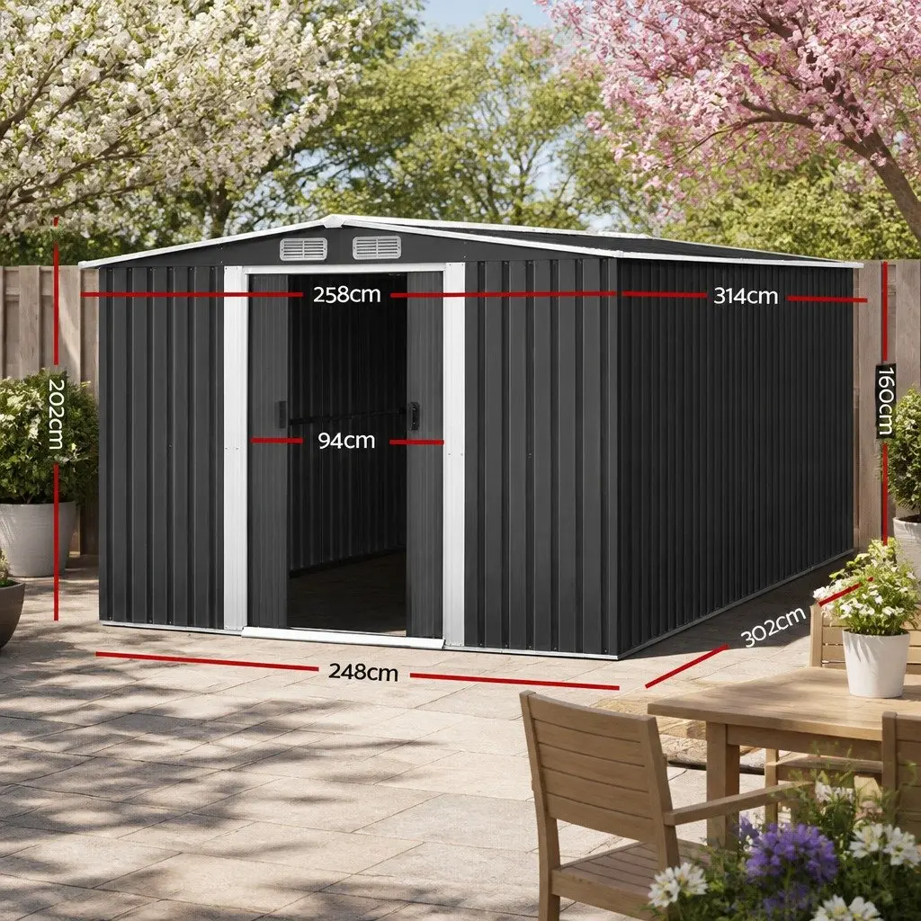 Metal Garden Shed Outdoor Storage Workshop 2.58x3.14M Grey with Sliding Door and Ventilation