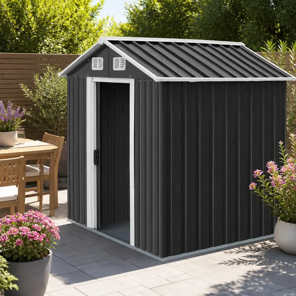 Metal Garden Shed Outdoor Storage Workshop 2.58x3.14M Grey with Sliding Door and Ventilation