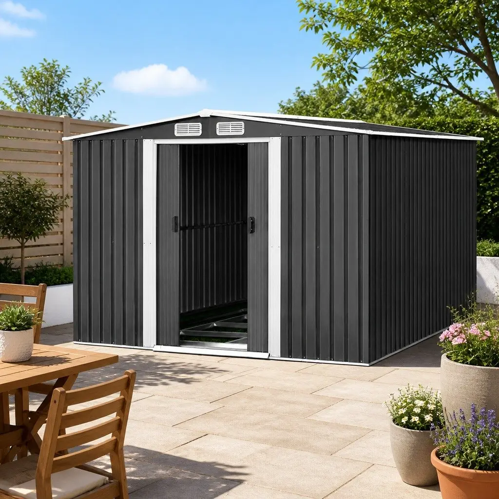 Metal Garden Shed Outdoor Storage Workshop 2.58x3.14M Grey with Sliding Door and Ventilation