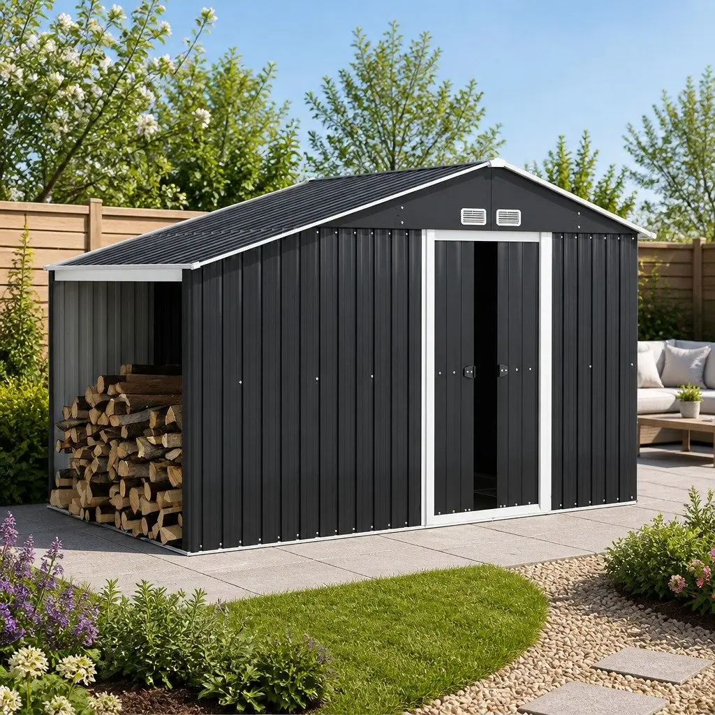 Garden Shed Outdoor Storage Workshop 3.22x1.96M Grey Durable Steel Polypropylene Double Sliding Doors