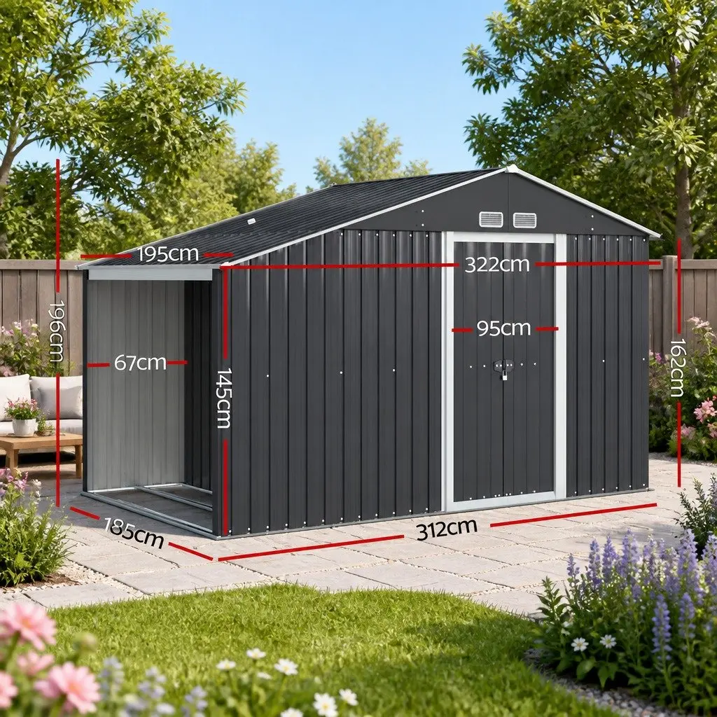 Garden Shed Outdoor Storage Workshop 3.22x1.96M Grey Durable Steel Polypropylene Double Sliding Doors
