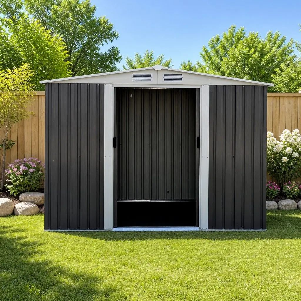 Garden Shed 2.58x2.07M Metal Storage Outdoor Double Sliding Door Tool Shed Black