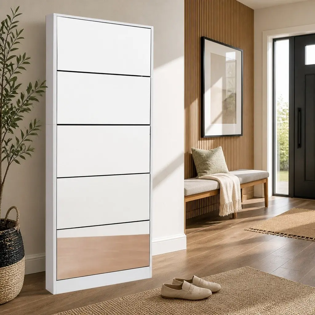 Shoe Storage Cabinet with Full-Length Mirror 5 Pull-Down Compartments White
