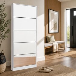 Shoe Rack Cabinet with Full-Length Mirror 25 Pairs Storage White Furniture