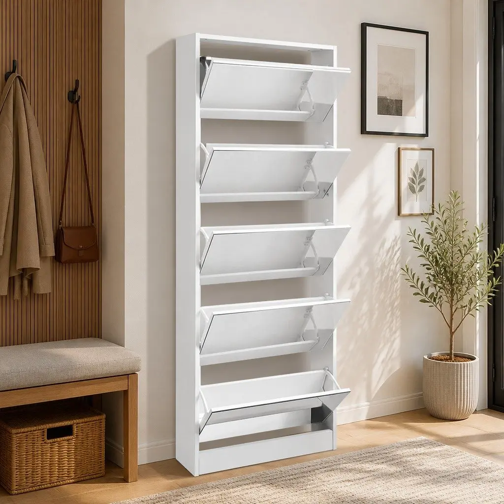 Shoe Storage Cabinet with Full-Length Mirror 5 Pull-Down Compartments White