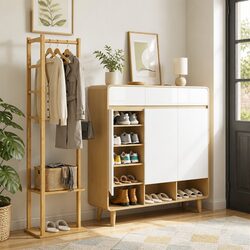Shoe Rack Cabinet Wooden Bamboo Clothes Rack Set Storage Shelf White Pine 2