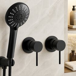 Handheld Shower Head 4.5" Round Black Matte Wall Mount Twin Swivel Bathroom Tap