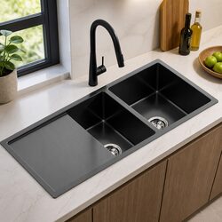 Double Bowl Stainless Steel Kitchen Sink 100x45cm with Pull Out Mixer Tap Black