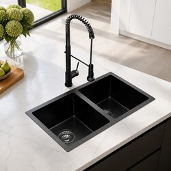 Double Bowl Stainless Steel Kitchen Sink 77x45CM Black with Pull Out Mixer Tap