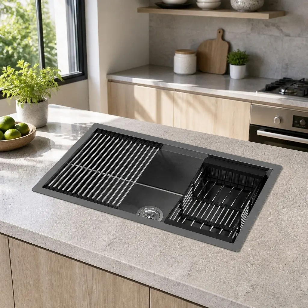 Stainless Steel Kitchen Sink Single Bowl 70x45cm Black with Drain Rack and Basket