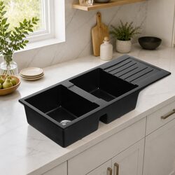 Double Bowl Kitchen Sink 116x50cm Black Granite Stone Composite Under Mount