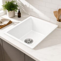 White Granite Stone Kitchen Sink Single Bowl 55x45cm Under Mount Flush Drop In