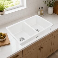 Double Bowl Granite Stone Kitchen Sink 77x45cm Undermount Flush Drop In White