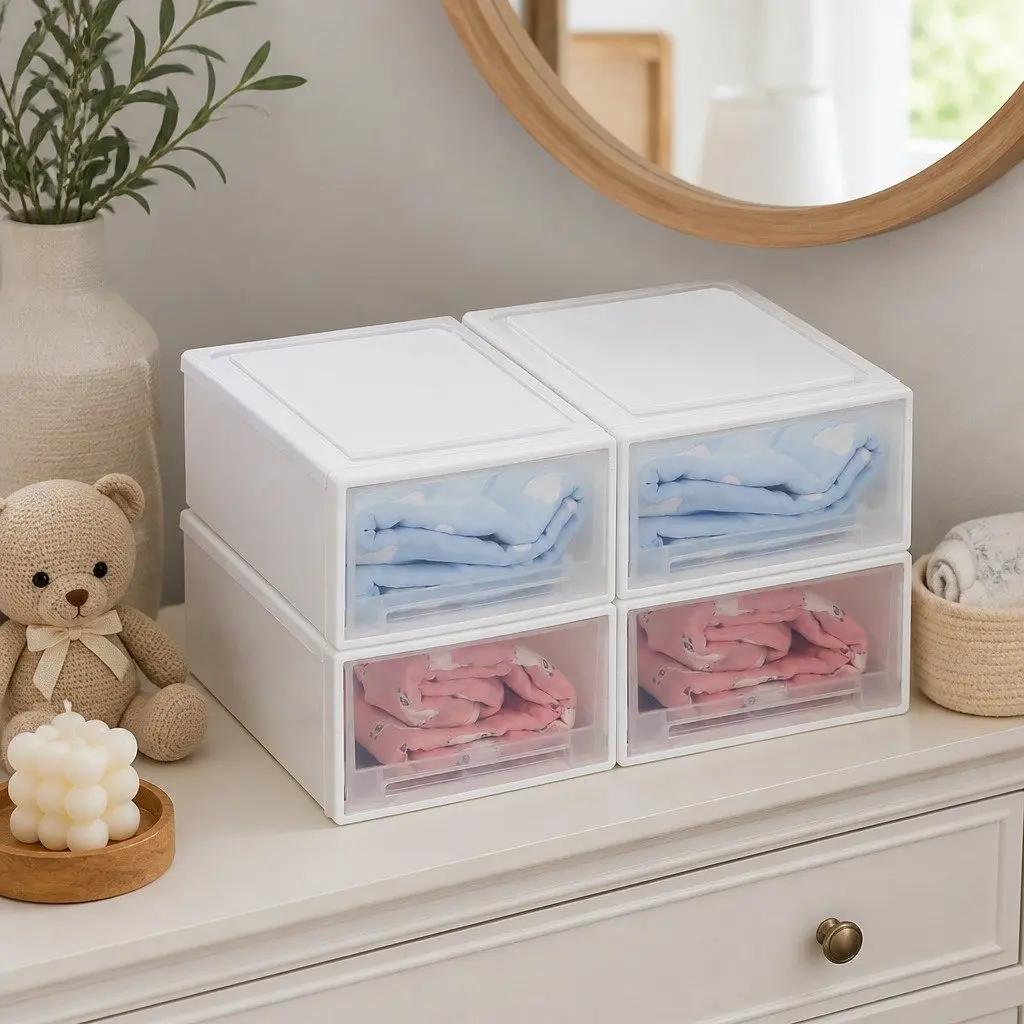 Small Storage Drawers Stackable Transparent 4 Piece Plastic Organiser Bins