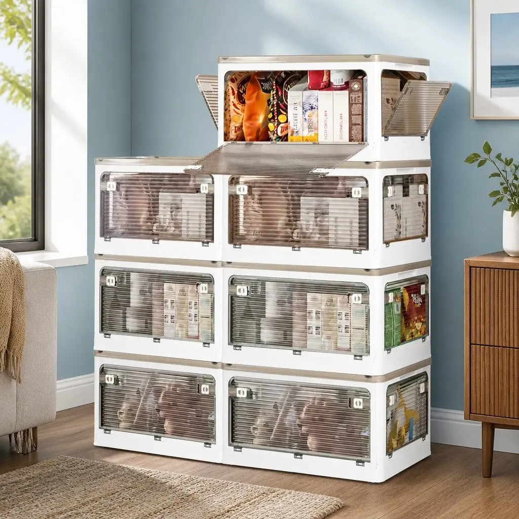 Stackable Storage Box 55L Clear Plastic Organiser Foldable with Lid