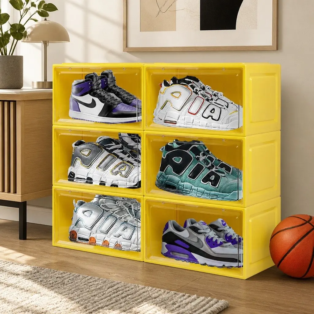 Shoe Storage Box Stackable Drop Front Clear Door Organiser Green Yellow Pink Blue