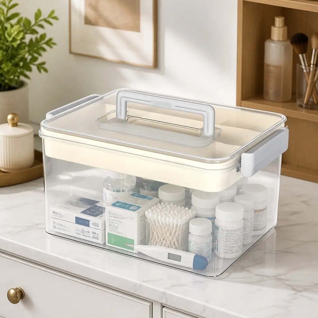 Medical Storage Box Dual Layer Transparent Organizer for Medications and Health Supplies