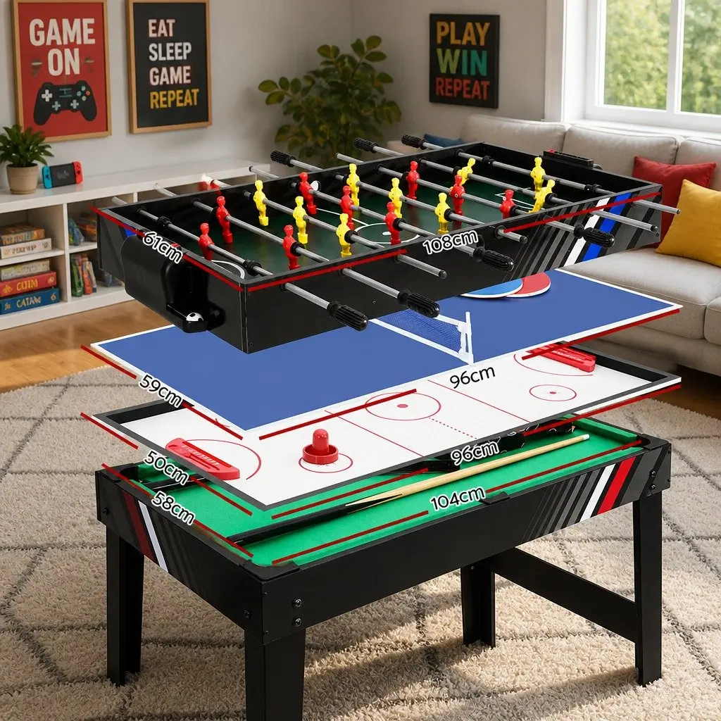4-in-1 Games Table Multi Game Soccer Pool Tennis Air Hockey Compact Black