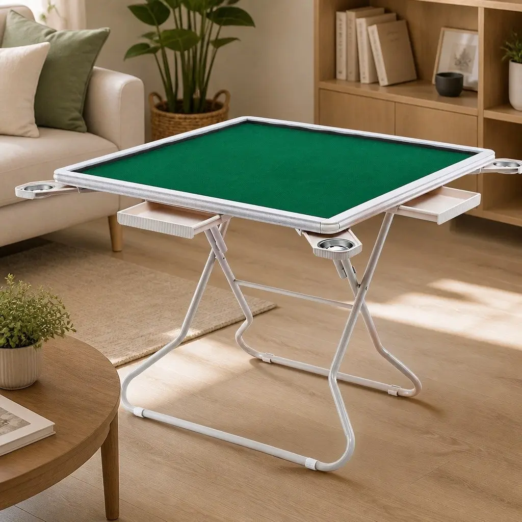 Folding Mahjong Table with Storage Drawers and Cup Holders Green and White Fabric Surface
