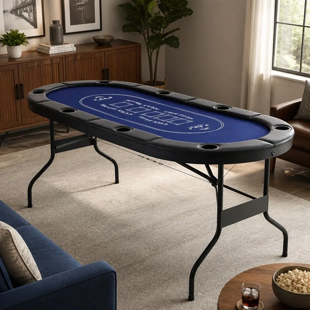 Folding Poker Table 183cm Casino Felt 8 Player Cup Holders Blue Black