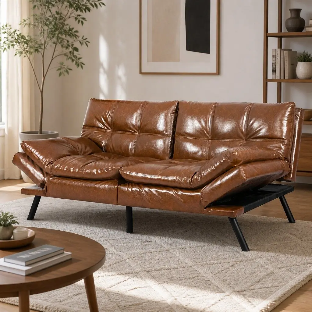 Sofa Bed Futon Recliner 3-Seater Convertible Lounge Sleeper Brown PU Leather