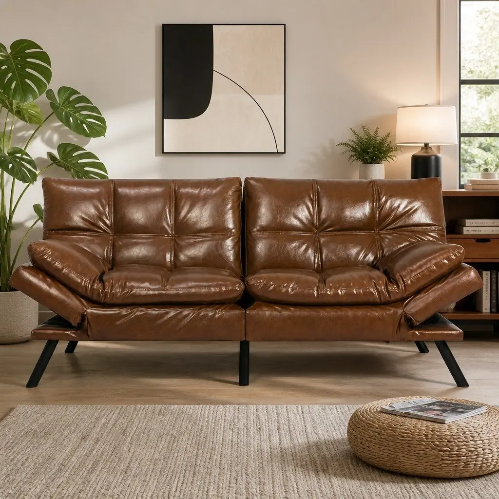Sofa Bed Futon Recliner 3-Seater Convertible Lounge Sleeper Brown PU Leather