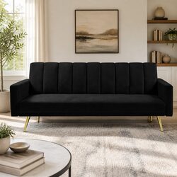 3 Seater Convertible Sofa Bed Velvet Lounge Recliner Couch Sleeper Black