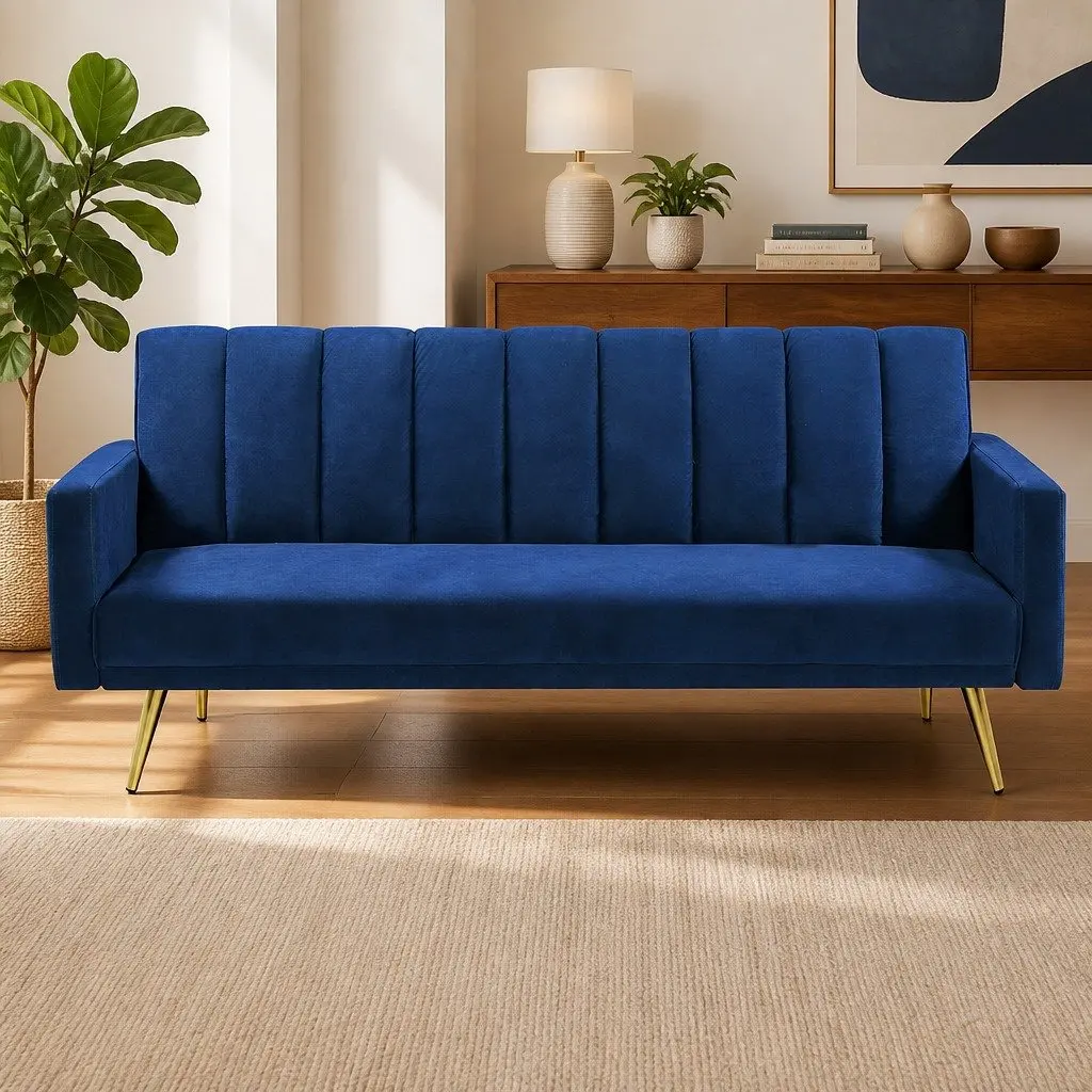 3 Seater Convertible Sofa Bed Velvet Lounge Recliner Fold Out Sleeper Couch Blue