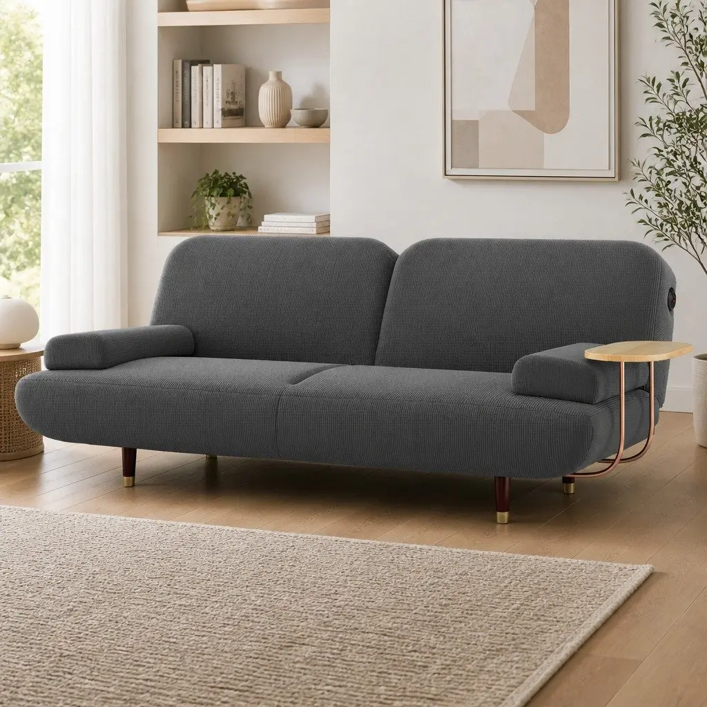 Convertible Sofa Bed 3-Seater Adjustable Backrest Corduroy Fabric Grey with USB Charging Side Table