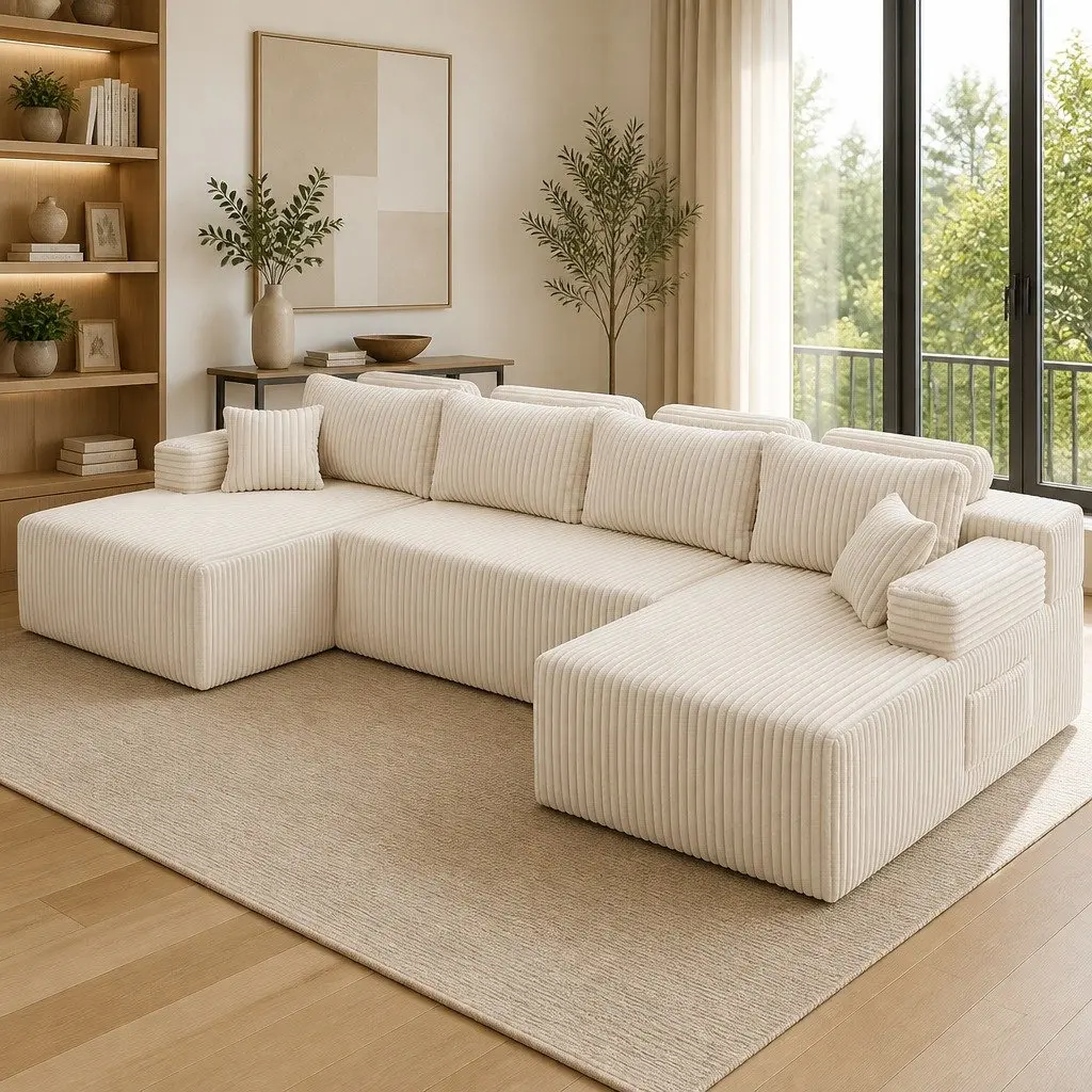 Modular Sofa Lounge U Shaped Sectional Cloud Couch with Cushions Beige Corduroy