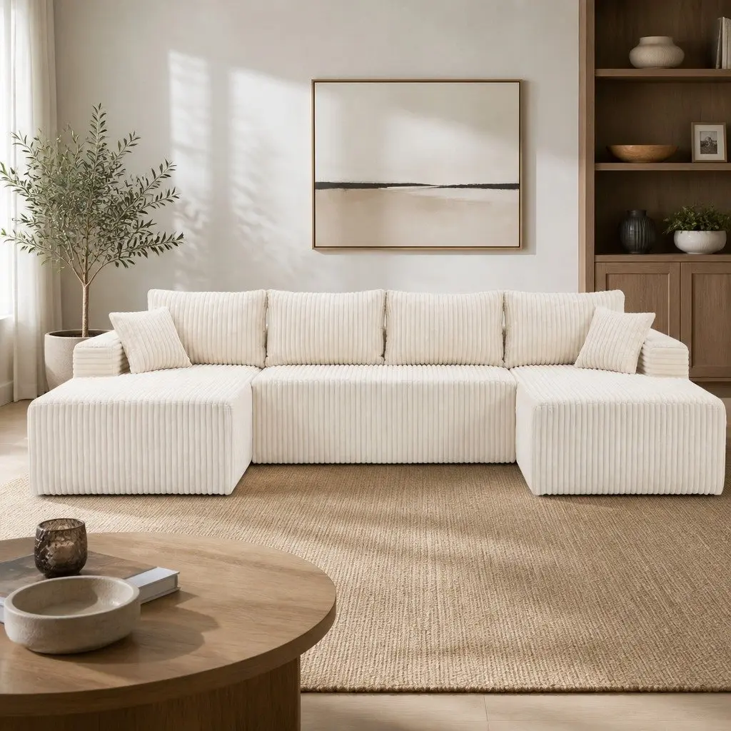 Modular Sofa Lounge U Shaped Sectional Cloud Couch with Cushions Beige Corduroy