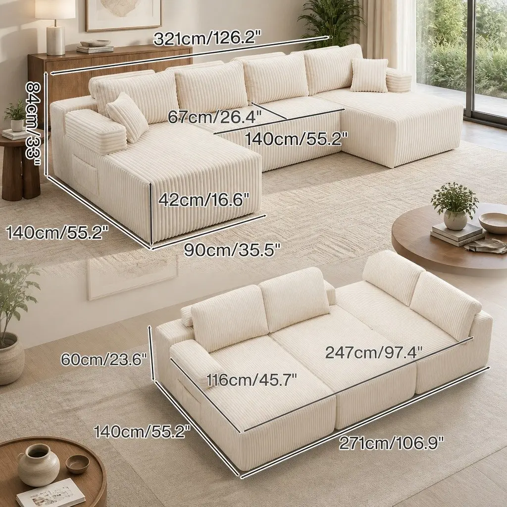 Modular Sofa Lounge U Shaped Sectional Cloud Couch with Cushions Beige Corduroy