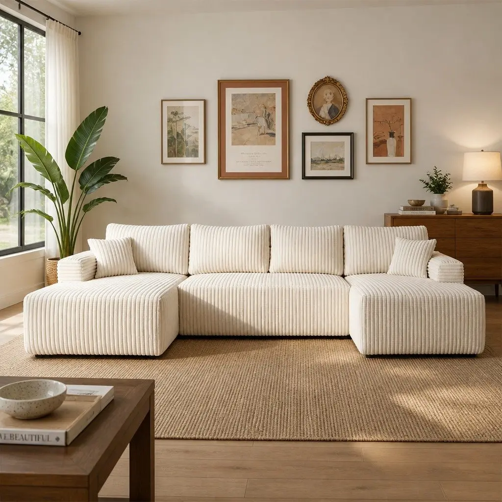 Modular Sofa Lounge U Shaped Sectional Cloud Couch with Cushions Beige Corduroy