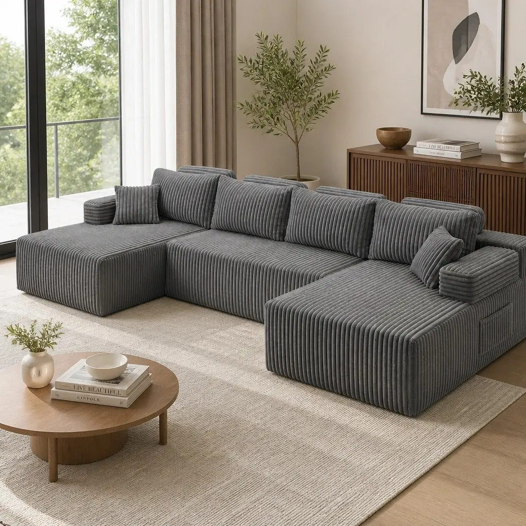 Modular Sectional Sofa Lounge U Shaped Corduroy Cloud Couch Grey Convertible