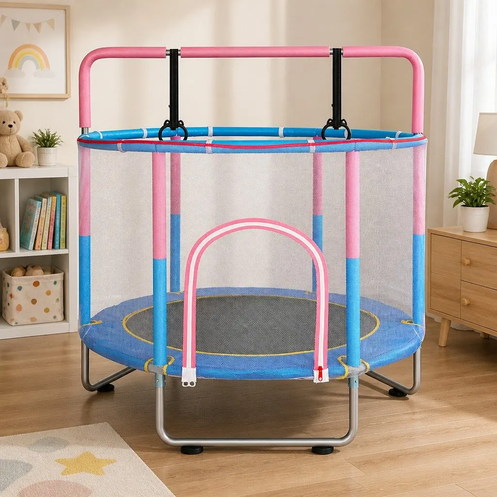 Kids Trampoline Rebounder 55 Inch with Hanging Rings Pink Indoor Outdoor Play Equipment