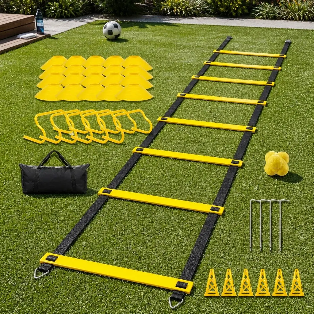 39 Piece Speed Agility Training Kit Adjustable Ladder Hurdles Cones Reaction Ball Yellow