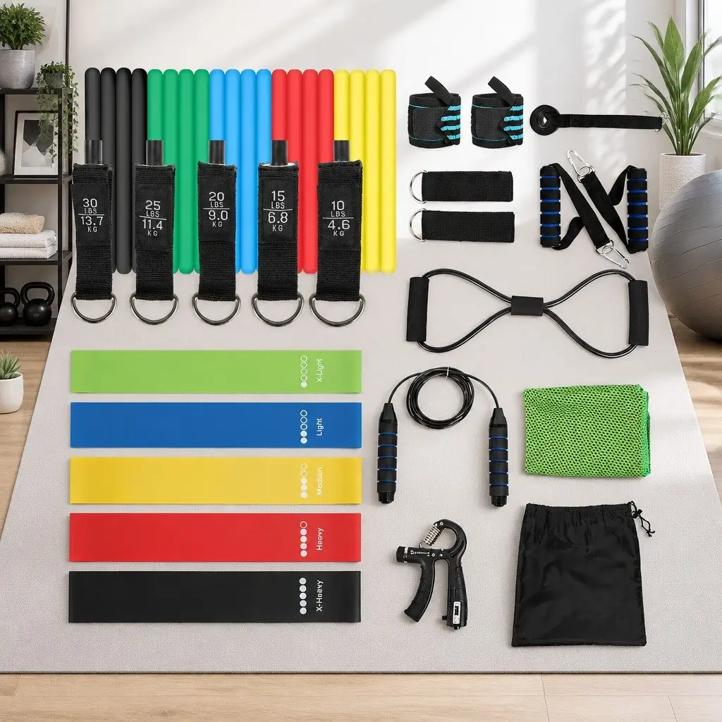 Resistance Bands Set Full Kit with Jump Rope Door Anchor for Home Workouts Multi-Colour