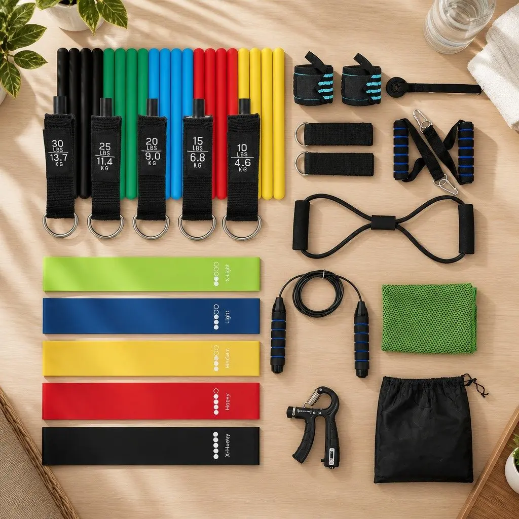 Resistance Bands Set Full Kit with Jump Rope Door Anchor for Home Workouts Multi-Colour