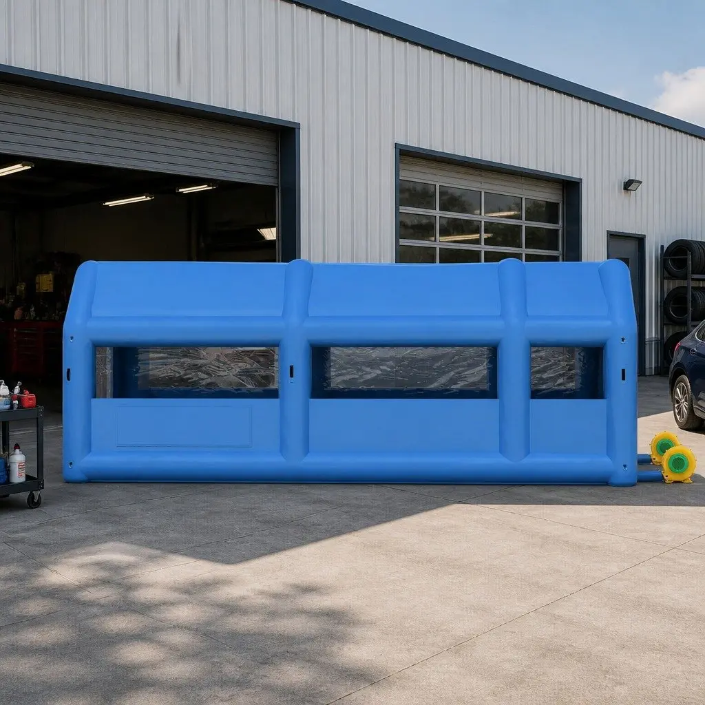 Inflatable Paint Booth Dual Blower System 8.5x4.8m Navy Blue 3-Layer Filtration Water Dust UV Resistant