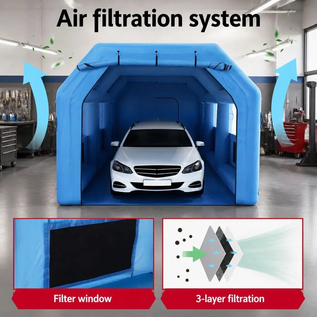 Inflatable Paint Booth Dual Blower System 8.5x4.8m Navy Blue 3-Layer Filtration Water Dust UV Resistant