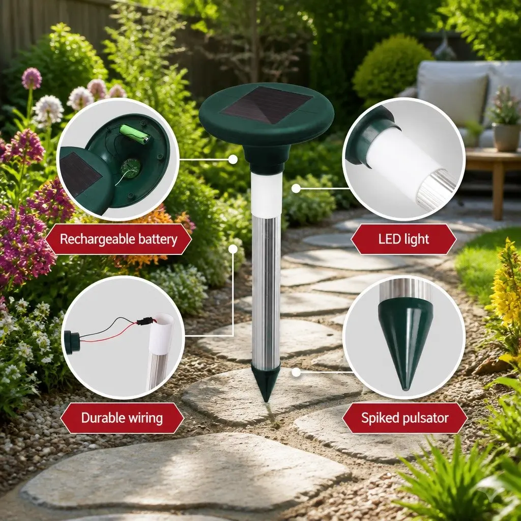 Solar LED Snake Repeller Ultrasonic Pest Deterrent Weatherproof Black