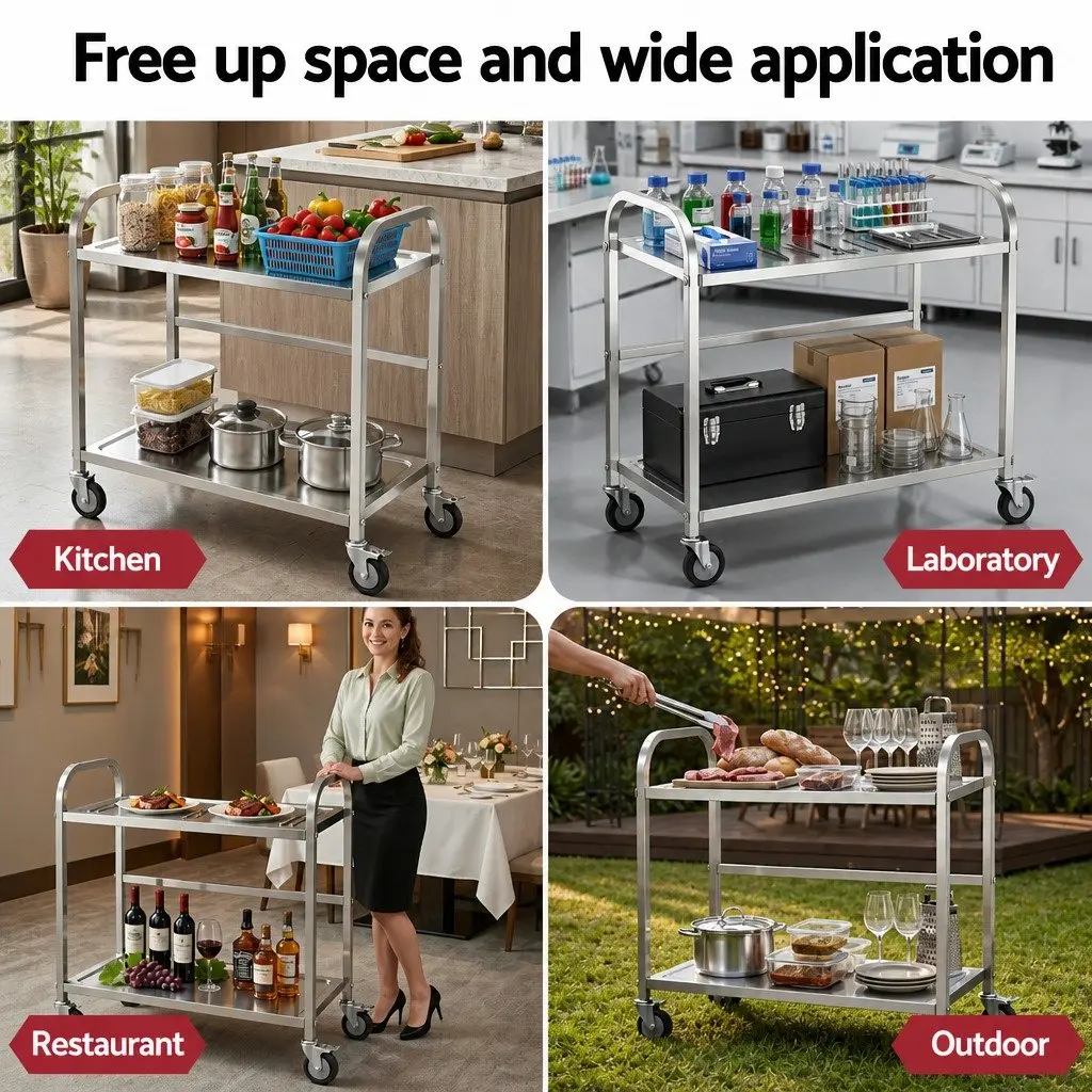 2-Tier Stainless Steel Kitchen Trolley with Lockable Wheels Mobile Bench Cart Silver