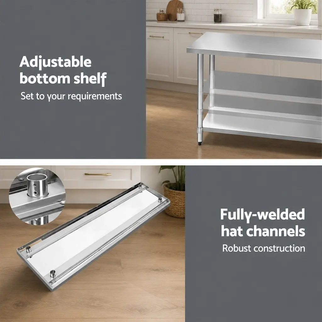 Stainless Steel Kitchen Bench Heavy Duty Work Table 1829x610mm Silver