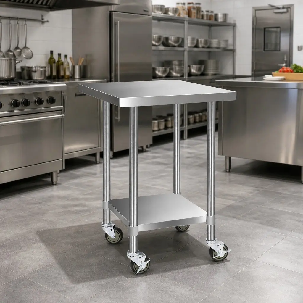 Stainless Steel Kitchen Work Bench 760x760mm with Castor Wheels and Storage Shelf Silver