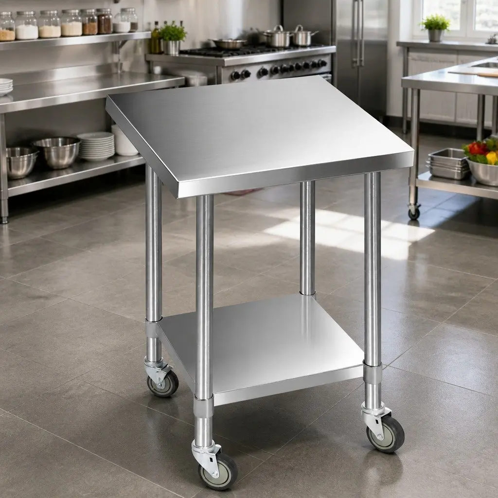 Stainless Steel Kitchen Work Bench 760x760mm with Castor Wheels and Storage Shelf Silver