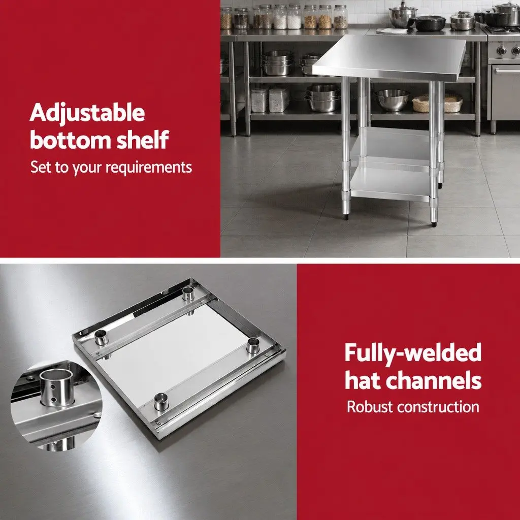 Stainless Steel Kitchen Work Bench 760x760mm with Castor Wheels and Storage Shelf Silver